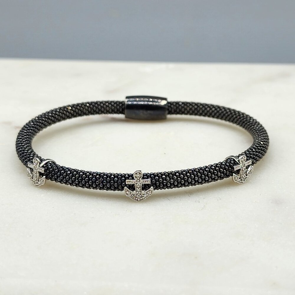 Black Beaded Mesh Bangle Bracelet with 3 Sparkling Anchor Charms – 7”